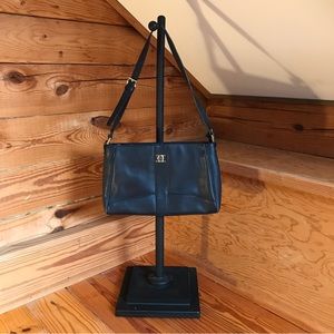 Etienne Aigner Black Leather Gold Emblem Shoulder Bag, GUC, 13” x 8”